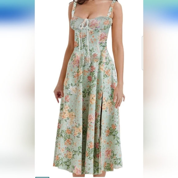Blue Rose Floral Sleeveless Corset Side Slit Midi Dress Size Large - Picture 1 of 11